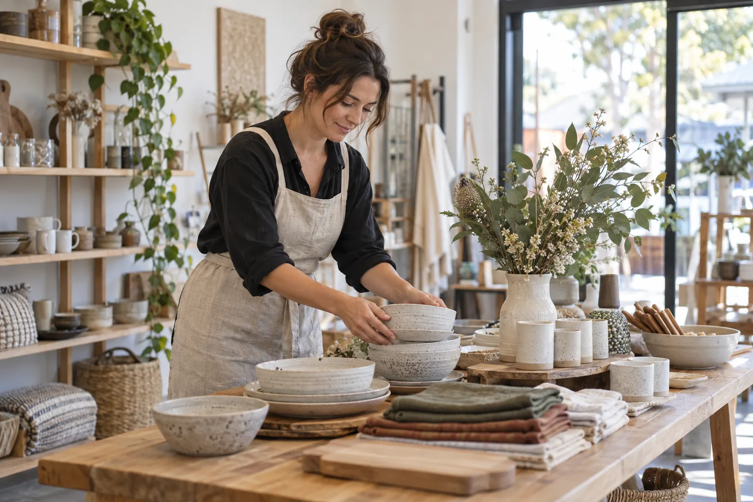 Illustrative small-business owner arranging handmade products in an independent shop