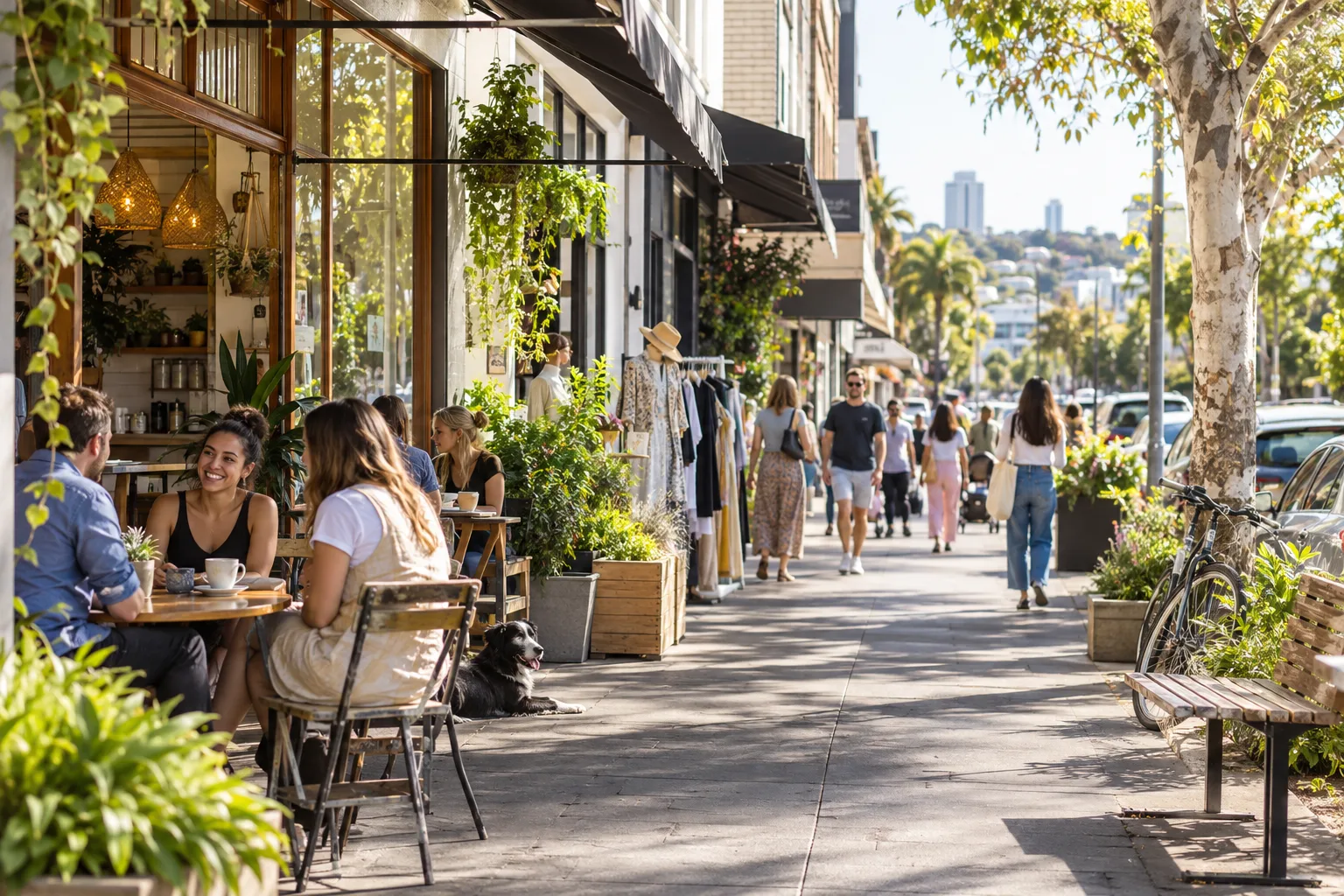 Illustrative neighbourhood shopping area with independent-style local businesses